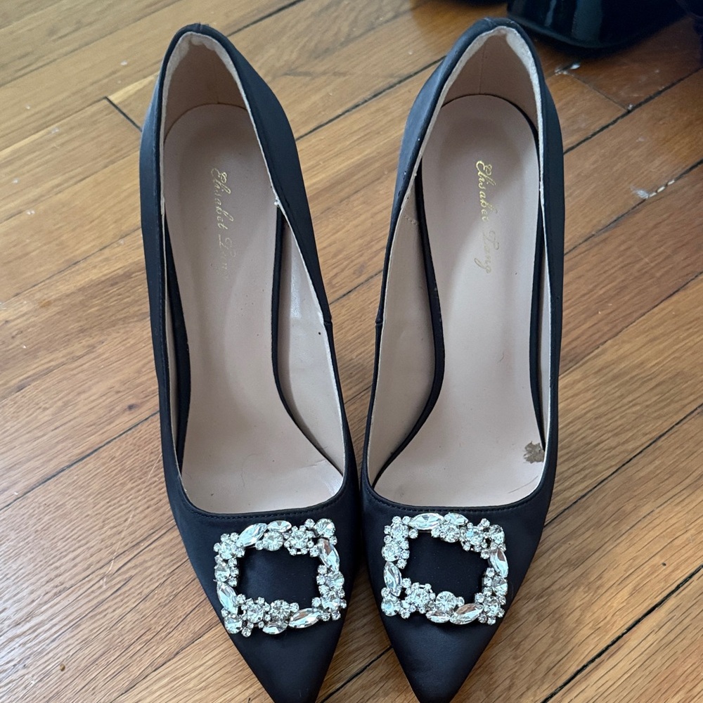 Elizabeth lang Elegant Black Women's Heels with Crystal Embellishments